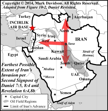 Incirlik Air Base (the big red star) located relevant to Iran, Syria, and possible areas of conquest by Iran.